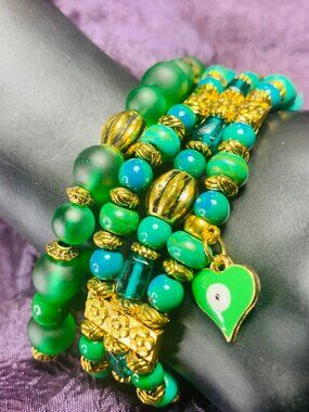Evil Eye Heart Charm, Wagnerite & Australian Jasper 3 Strand Stretch Bracelet